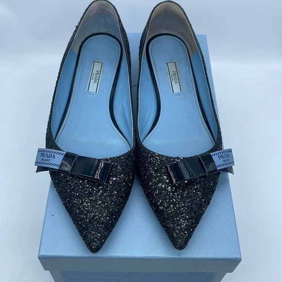 Prada Black Glitter leather bow logo embellished pointed toe ballet flats 38.5 - Picture 1 of 11